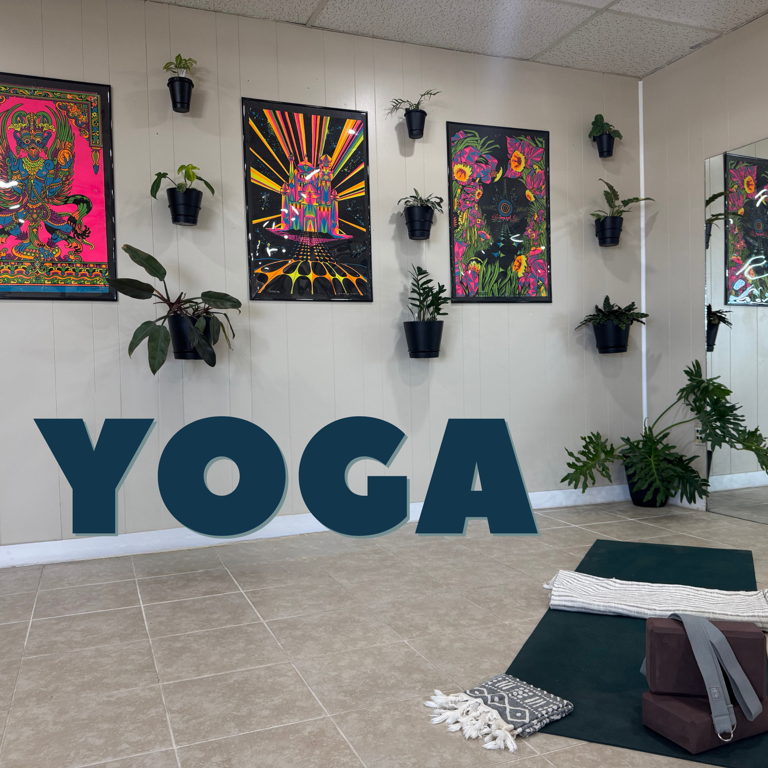 Yoga with a lotus floating near a stone tower in the water as the sunrises